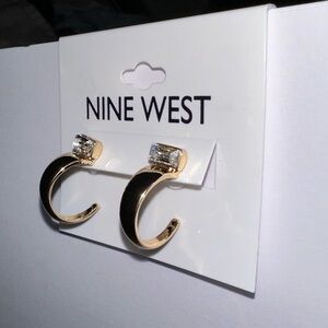 Nine West Gold Tone Crystal Bar Nickel Safe C-Hoop Earrings